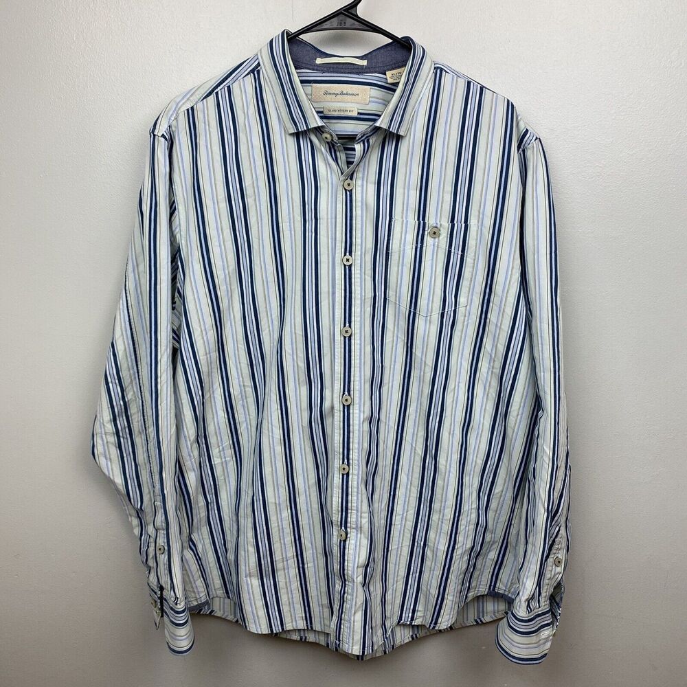 Tommy Bahama shirt mens xl blue long sleeve‎ button down striped island modern